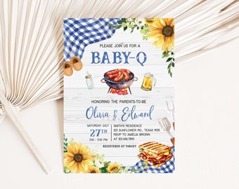 Editable Sunflower Blue Baby-Q Baby Shower Invitation, Boy BBQ Baby Shower Invite, Floral Backyard Gingham Picnic Baby Shower Invite, 0819