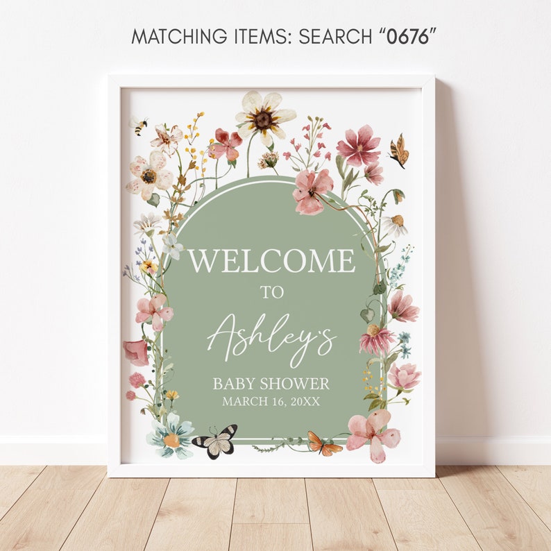 Editable Baby in Bloom Baby Shower Welcome Sign, Boho Sage Green Wildflower Baby Shower Welcome Poster, Gender Neutral Baby Shower Sign 0676 image 3