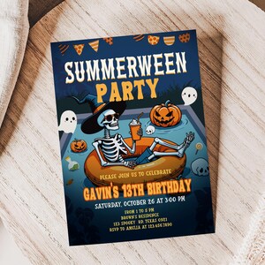 The image is a Halloween-themed invitation for a summer party, featuring a skeleton wearing a hat and holding a pumpkin, surrounded by ghostly figures and pumpkins.