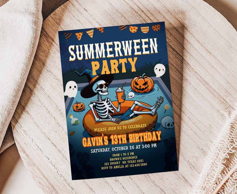 The image is a Halloween-themed invitation for a summer party, featuring a skeleton wearing a hat and holding a pumpkin, surrounded by ghostly figures and pumpkins.