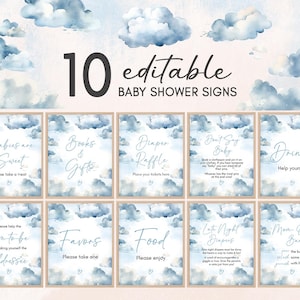 Editable On Cloud 9 Baby Shower Table Sign, Blue We&#39;re On Cloud Nine Baby Shower Bundle Sign, Baby Boy Cloud Baby Shower Mom Osa Sign, 01077