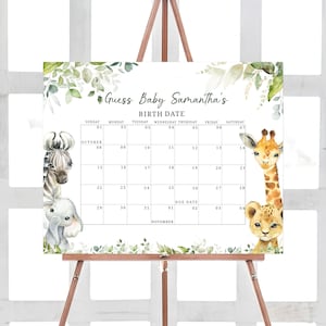 Bearbeitbarer Wild One Safari-Babyparty-Fälligkeitskalender, Dschungel-Babypartykalender, Greenery-Geburtstagsvorhersage druckbare Vorlage 0387