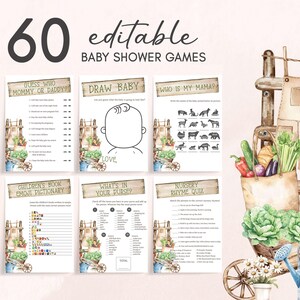 Editable Rustic Locally Grown Baby Shower Games Bundle, Farmers Market Baby Shower Game Pack, Neutral Organic Garden Baby Shower Games 01114