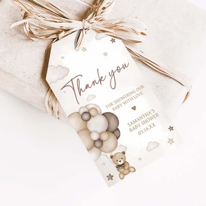 Étiquettes modifiables de faveur de baby shower de ballon d'ours, étiquette de cadeau de baby shower, nous pouvons supporter l'attente étiquette de cadeau de baby shower, étiquettes de remerciement de douche d'ours brun de genre neutre, 0605 image 3