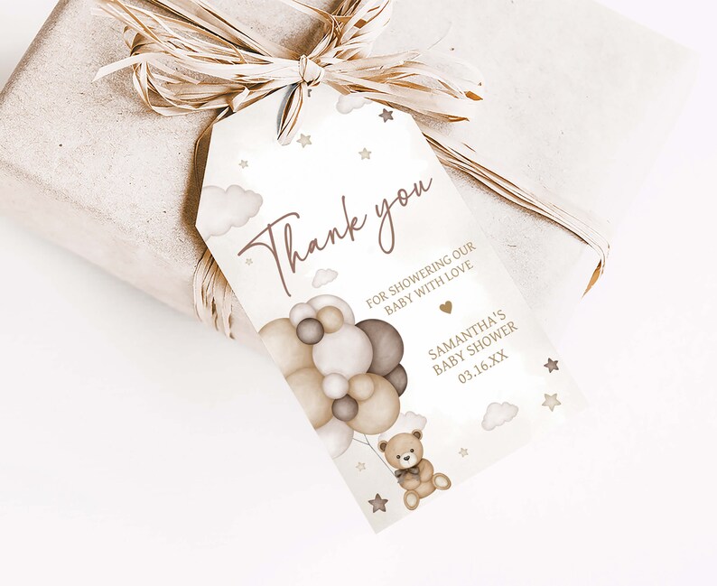 Étiquettes modifiables de faveur de baby shower de ballon d'ours, étiquette de cadeau de baby shower, nous pouvons supporter l'attente étiquette de cadeau de baby shower, étiquettes de remerciement de douche d'ours brun de genre neutre, 0605 image 3