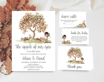Paquete de invitaciones editables para baby shower de otoño "La Niña de Nuestros Ojos", conjunto de invitaciones para baby shower de manzana, paquete de invitaciones para baby shower de otoño "Cosecha de Manzanas" 01146