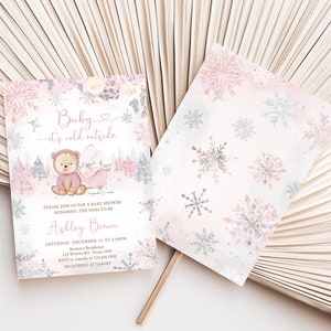 Editable Pink Winter Bear Baby Shower Invitation Bundle, Girl Bear Winter Baby Shower Invite Set, Pink Snowflake Baby It's Cold Outside 0521 image 2