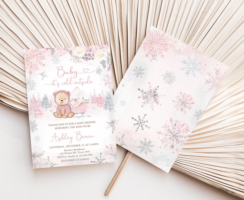 Editable Pink Winter Bear Baby Shower Invitation Bundle, Girl Bear Winter Baby Shower Invite Set, Pink Snowflake Baby It's Cold Outside 0521 image 2
