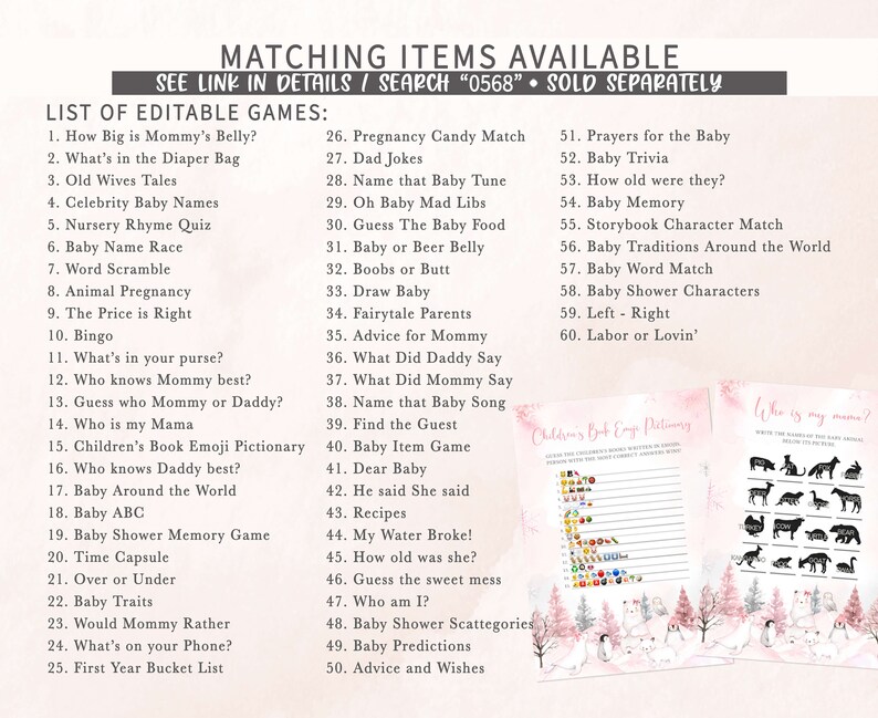 May include: A collection of baby shower games and activities, including a list of editable games and matching items. The image features a pink and white design with illustrations of animals and trees. Text includes game titles and instructions.