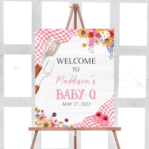 Editable Pink BBQ Baby Shower Welcome Sign Baby Q Shower Welcome Poster Girl Backyard Barbeque Picnic Couples Shower Printable Template 0302