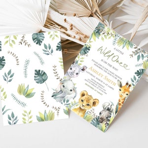 Editable Wild One Baby Shower Invitation Bundle, Jungle Safari Baby Shower Invite Set, Greenery Safari Animals Baby Shower Invite Pack, 0648 image 2