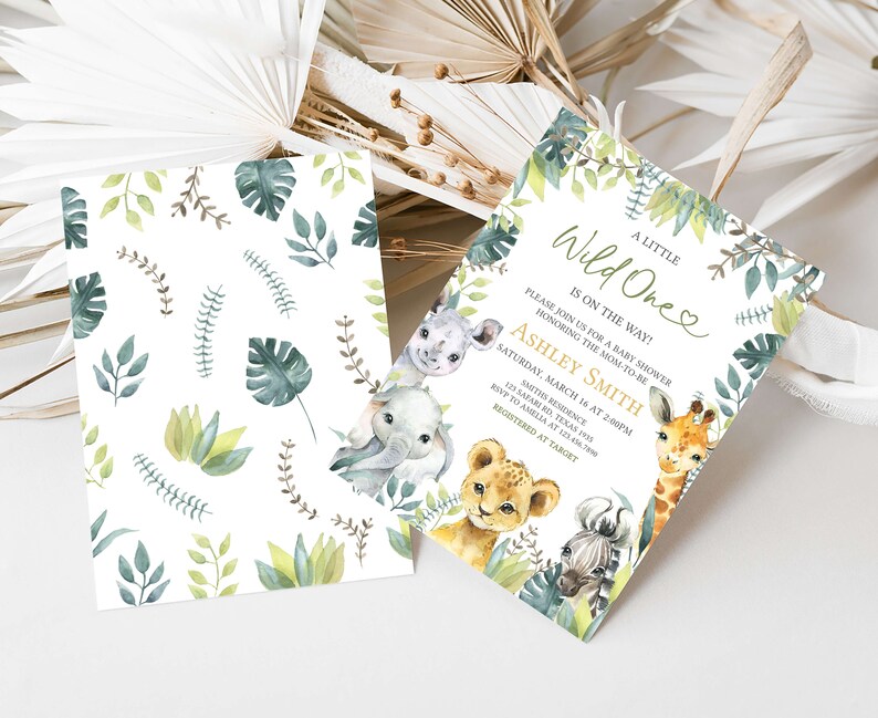 Editable Wild One Baby Shower Invitation Bundle, Jungle Safari Baby Shower Invite Set, Greenery Safari Animals Baby Shower Invite Pack, 0648 image 2