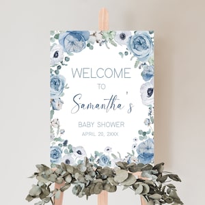 Bearbeitbares blaues Baby in Blüte Babyparty Willkommensschild, Junge Frühlingsblumen Babyparty Willkommensplakat, staubige blaue Wildblumen-Babyparty, 0710