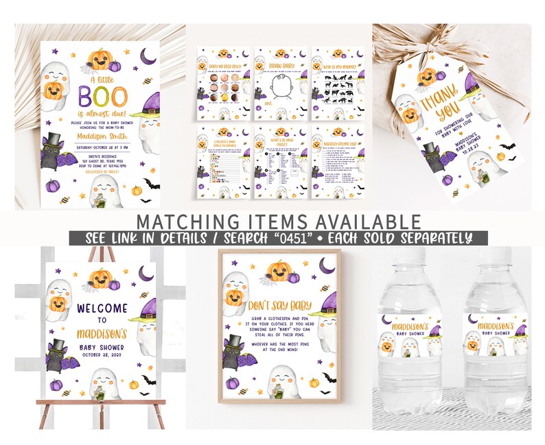 May include: A collection of Halloween-themed baby shower decorations. Includes invitations, thank you tags, signs, and water bottle labels. Designs feature ghosts, pumpkins, bats, and witch hats. Text includes "A little BOO is almost due!" and "Welcome to Maddison's Baby Shower."