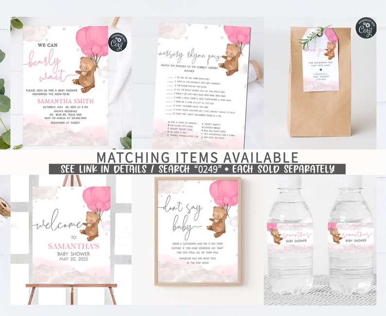 May include: A set of printable baby shower decorations featuring a cute bear holding pink balloons. The set includes a welcome sign, a don't say baby sign, a nursery rhyme game, a favor bag, and water bottle labels. The decorations are perfect for a baby shower with a pink and brown color scheme.
