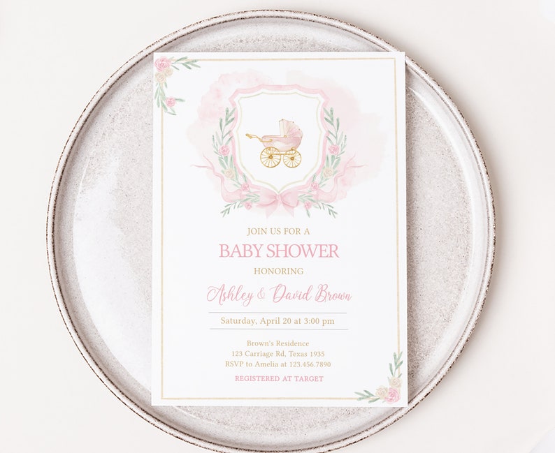 Lot d'invitations pour baby shower écusson aquarelle modifiable, ensemble d'invitations pour baby shower écusson floral, faire-part pour baby shower avec noeud rose, 0658 image 3