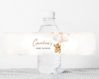 Editable Bear Balloons Baby Shower Bottle Labels We Can Bearly Wait Teddy Bear Baby Shower Water Wraps Gender Neutral Brown Bear Label 0419