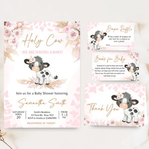 Bundle d&#39;invitations modifiable pour baby shower vache Highland rose, ensemble d&#39;invitations pour baby shower vache sacrée, Invitation baby shower floral bohème fille, 0771