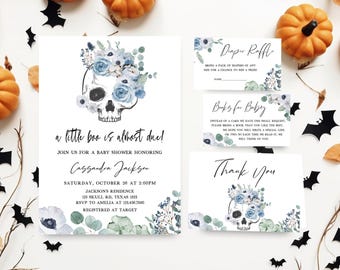 Editable Gothic Halloween Baby Shower Invitation Bundle, Blue Floral Skull Baby Shower Invite, A Little Boo Skull Baby Shower Invite, 0941