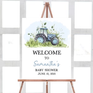 Bearbeitbares Blaues Traktor-Babyparty-Willkommensschild, Bauernhof-Babyparty-Willkommensplakat, Jungen-Land-Ranch-Babyparty-Willkommensschild-Vorlage 0323
