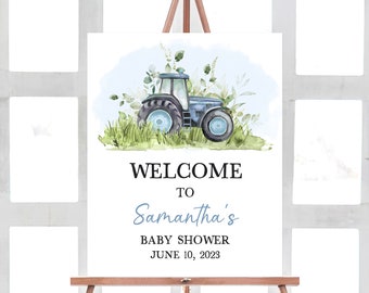Editable Blue Tractor Baby Shower Welcome Sign, Farm Baby Shower Welcome Poster, Boy Country Ranch Baby Shower Welcome Sign Template 0323