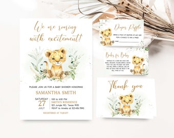 Bewerkbare leeuw babyshower uitnodigingsbundel, groen leeuw safari babyshower uitnodigingsset, genderneutraal leeuw jungle babyshower uitnodiging 0734