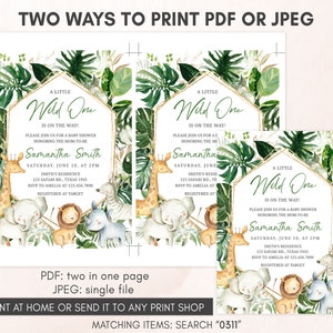 May include: A printable baby shower invitation with a jungle theme. The invitation features a gold geometric frame with green leaves and a variety of jungle animals, including a giraffe, lion, zebra, and elephant. The text on the invitation reads "A Little Wild One is on the Way!" and includes the name "Samantha Smith", the date and time of the shower, and the location. The invitation also includes the RSVP information and the registry information.