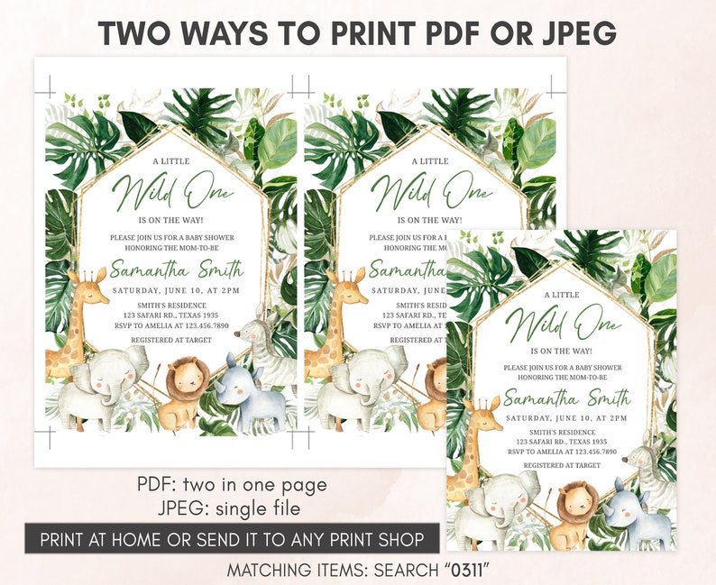 May include: A printable baby shower invitation with a jungle theme. The invitation features a gold geometric frame with green leaves and a variety of jungle animals, including a giraffe, lion, zebra, and elephant. The text on the invitation reads "A Little Wild One is on the Way!" and includes the name "Samantha Smith", the date and time of the shower, and the location. The invitation also includes the RSVP information and the registry information.