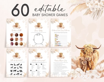 Bewerkbare bundel Boho Highland Cow-babyshowergames, genderneutraal Holy Cow-babyshowergamepakket, Highland Cow Boho-babyshowerspel, 0510