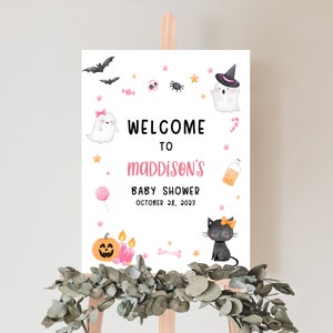 Editable A Little Boo Baby Shower Welcome Sign, Girl Ghost Halloween Baby Shower Welcome Sign, Pink Halloween Baby Shower Sign Decor 0446