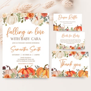 Editable Falling in Love Baby Shower Invitation Bundle, Autumn Floral Pumpkin Baby Shower Invite Set, Gender Neutral Fall Baby Shower, 0830