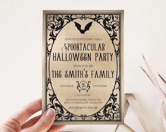 Redigerbar kuslig Halloweeninbjudan, vintage Halloween-festinbjudan, Halloween-festinbjudan för vuxna, inbjudan till maskeradfest, 7SE