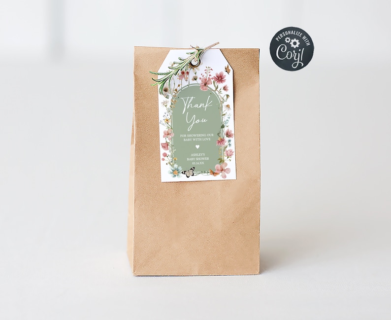 Editable Baby in Bloom Baby Shower Favor Tag, Boho Sage Green Wildflower Baby Shower Gift Tag, Gender Neutral Baby Shower Thank You Tag 0676 image 1