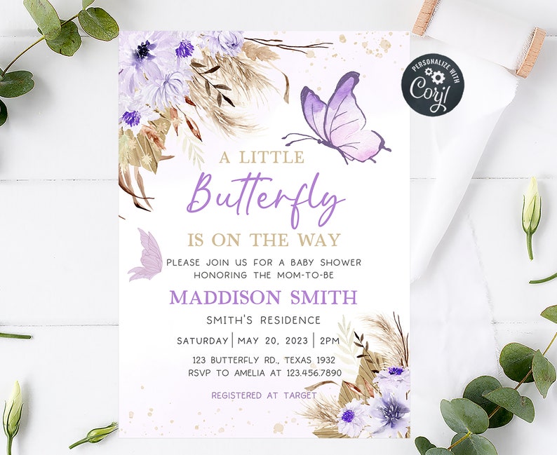 Editable Boho Butterfly Baby Shower Invitation Set, Purple Butterfly ...