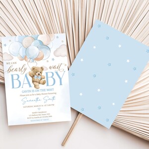 Invitación editable para baby shower con globo de oso niño, podemos esperar con paciencia la invitación para baby shower, plantilla de invitación para baby shower con oso boho azul 0623 imagen 2