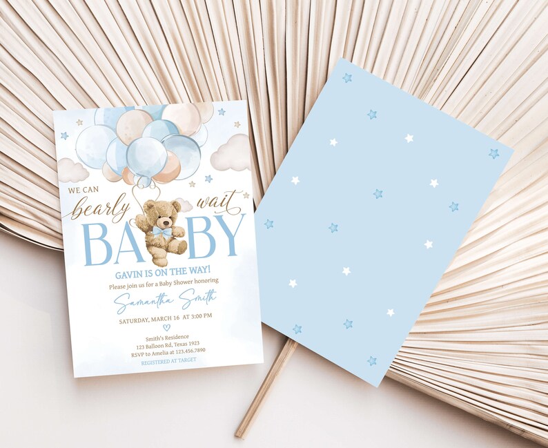 Invitación editable para baby shower con globo de oso niño, podemos esperar con paciencia la invitación para baby shower, plantilla de invitación para baby shower con oso boho azul 0623 imagen 2