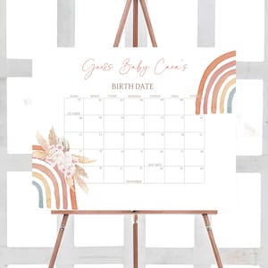 Bearbeitbarer Boho Regenbogen-Babyparty-Fälligkeitsdatumskalender, Pink Pampas Grass Boho Regenbogen-Babypartykalender, Mädchen-Regenbogen-Babypartyspiel 0632