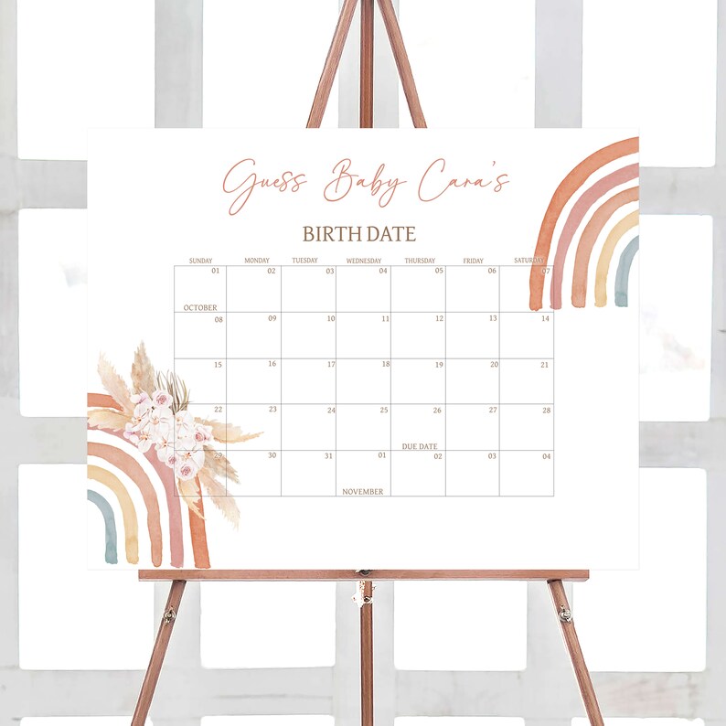Calendario editable de fecha de vencimiento del baby shower Boho Rainbow, calendario de baby shower Boho Rainbow de hierba de pampa rosa, juego de baby shower Girl Rainbow 0632 imagen 1
