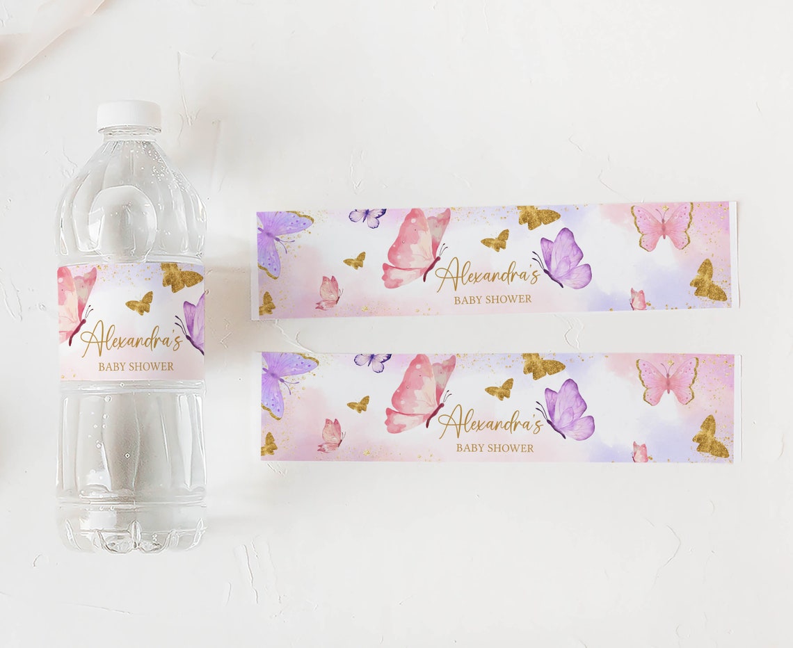 Editable Pink Butterfly Girl Baby Shower Bottle Label, Purple ...