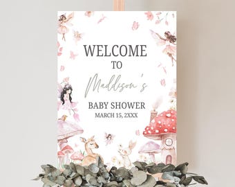 Editable Little Fairy Baby Shower Welcome Sign, Enchanted Forest Fairy Baby Shower Welcome Poster, Girl Whimsical Floral Baby Shower, 01011