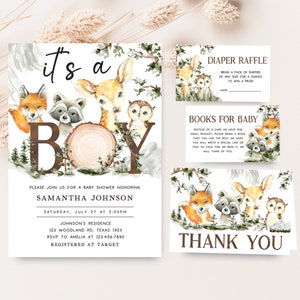 Bearbeitbares Jungen-Waldland-Babyparty-Einladungspaket, Waldtiere Es ist ein Junge-Babyparty-Einladungsset, Waldwald-Einladungspaket 0732