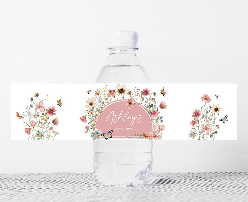 Editable Baby in Bloom Baby Shower Bottle Label, Wildflower Baby Shower Water Label, Muted Pink Boho Spring Flowers Bottle Stickers, 0650 image 1