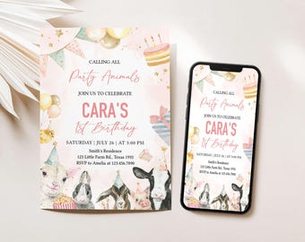 Editable Calling All Party Animals Invitation, Pink Farm Birthday Party Invite, Girl Farm Animal Birthday, Barnyard Party Invitation, 31BD