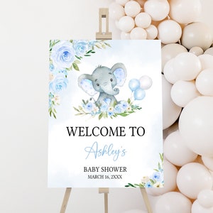 Bearbeitbares Blaues Elefant-Babyparty-Willkommensschild, Junge Elefant-Ballon-Babyparty-Willkommensplakat, Blaues Ballon-Junge-Babyparty-Zeichen, 0617