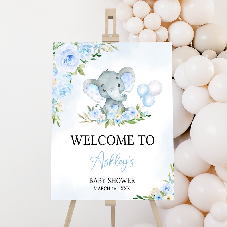 Cartello di benvenuto modificabile per baby shower con elefante blu, poster di benvenuto per baby shower con palloncino elefante blu, cartello per baby shower con palloncino blu, 0617 immagine 1