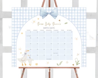 Calendario editable de baby shower de Silly Goose, calendario de baby shower de Daisy Goose con cuadros, predicciones de cumpleaños de Mamá Ganso con lazo, 01071