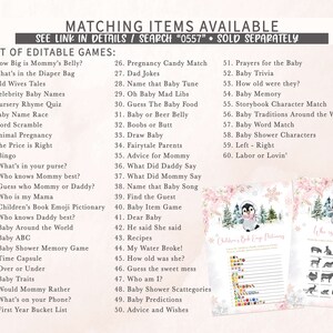 May include: A printable baby shower game set with a list of editable games, including "How Big is Mommy's Belly?" and "Baby Trivia." The set also includes a Children's Book Emoji Pictionary and a "Who is my mama?" game.