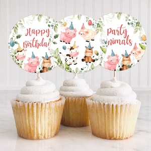 Farm Birthday Cupcake Toppers, Barnyard Birthday Topper, Farm Animals First Birthday Party Decor, Boy Red Barnyard Animal Favors Decor 318BD