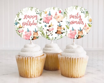 Farm Birthday Cupcake Toppers, Barnyard Birthday Topper, Farm Animals First Birthday Party Decor, Boy Red Barnyard Animal Favors Decor 318BD