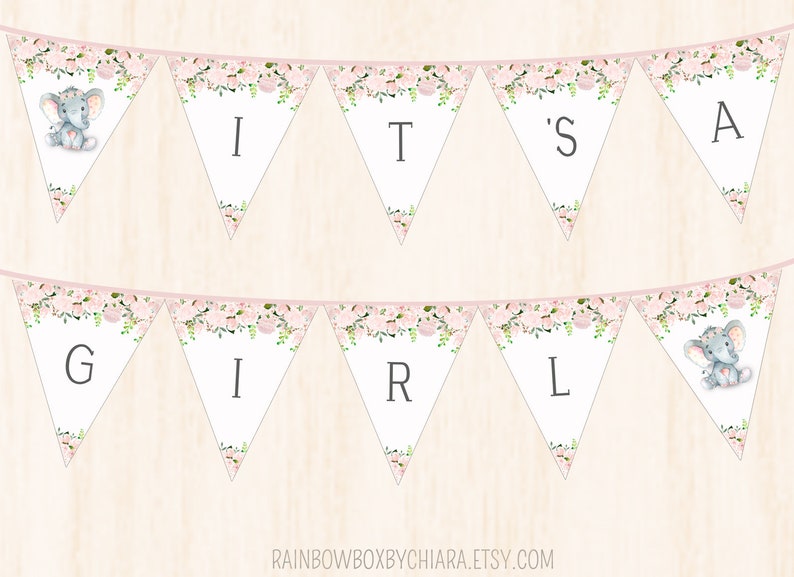 Elephant Baby Shower Bunting Banner Printable Pink Floral Etsy Elephant Baby Shower Bunting Banner Printable Pink Floral Etsy